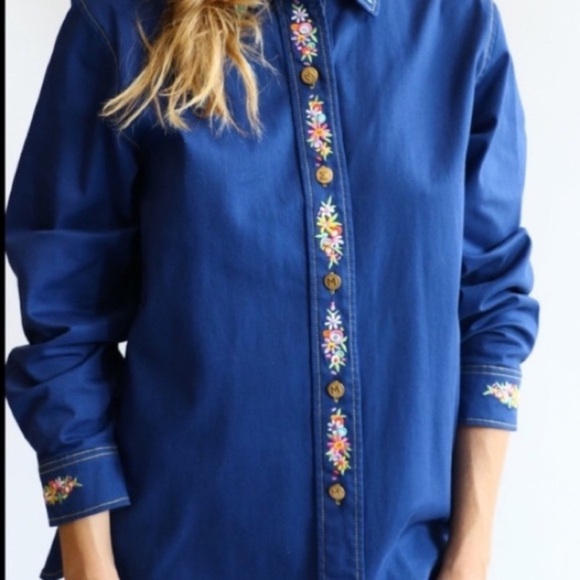 Bob Mackie Wearable Art Embroidered Maypole Dance Denim Button Down Shirt 3X - Picture 4 of 14